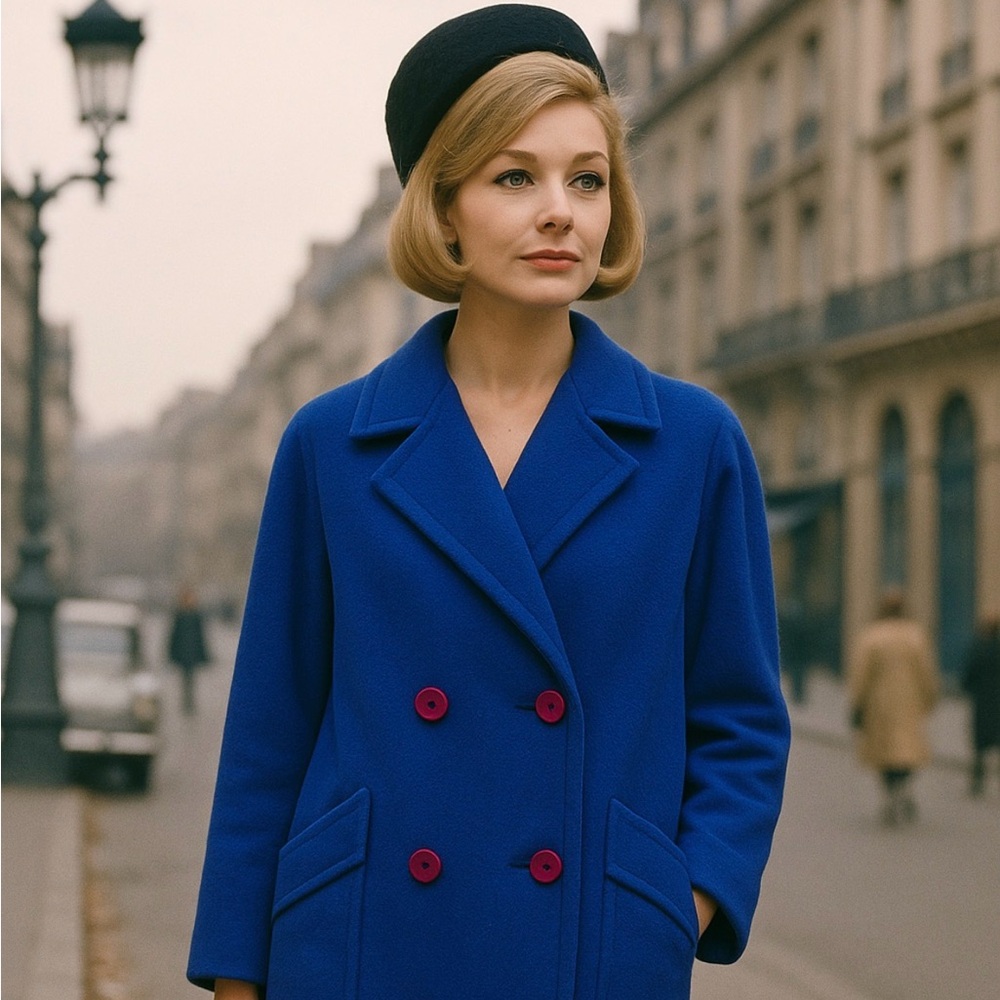 Vintage Wool Coat Royal Blue P2P 20 Double Breasted MCM Mod Retro Classic 60s